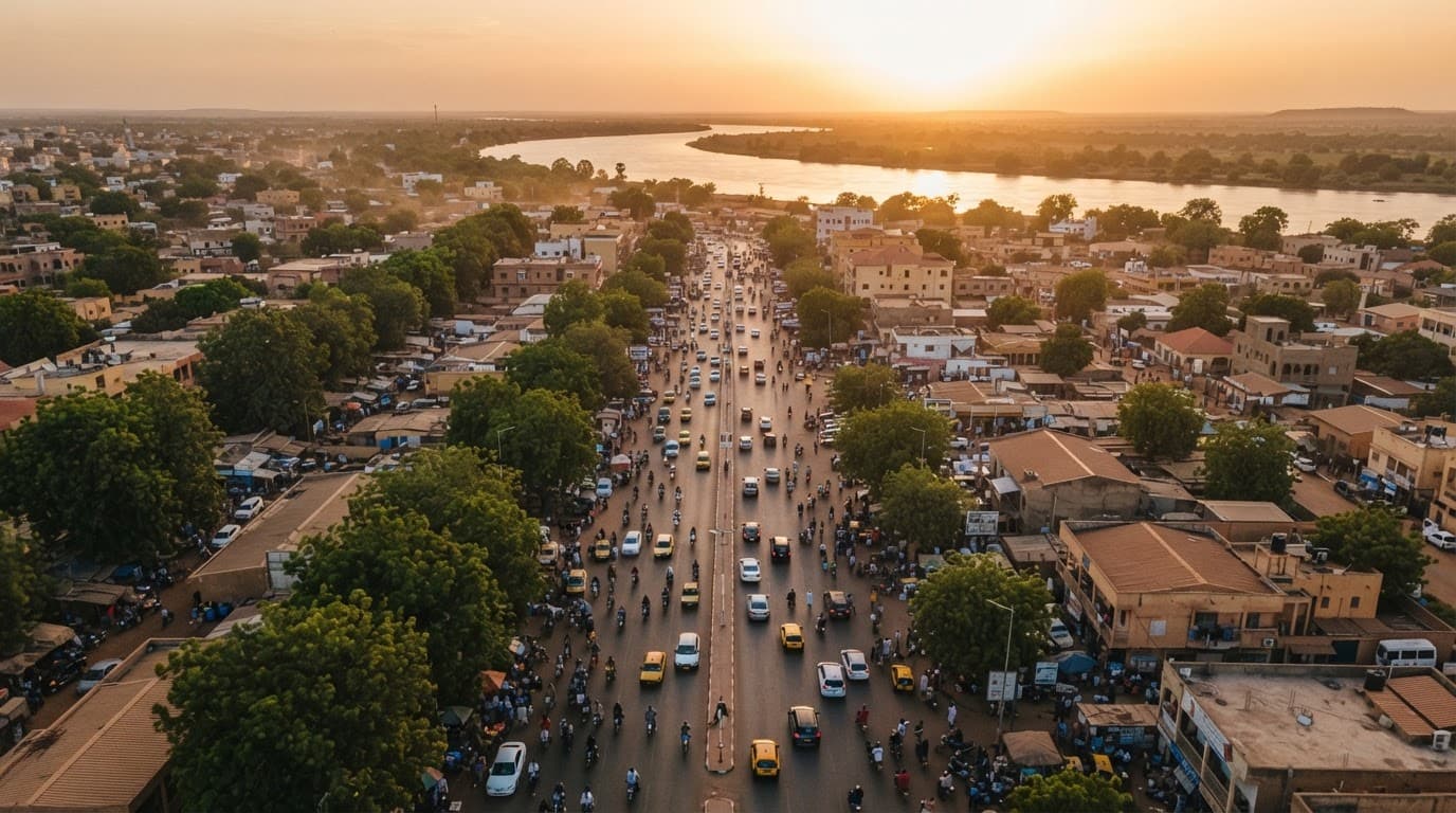 Vue aérienne d'un boulevard de N'Djamena au coucher du soleil
