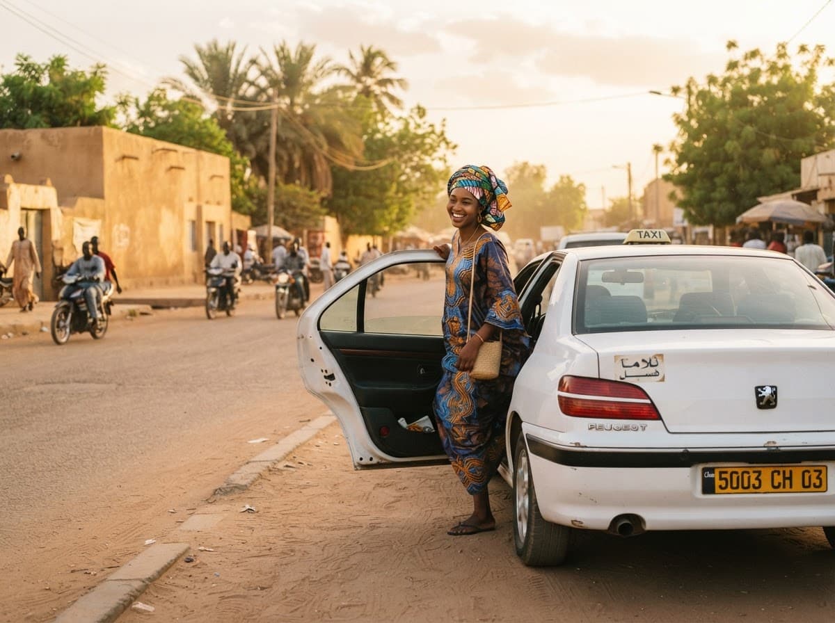 Une passagère monte dans une voiture blanche dans une rue ensoleillée